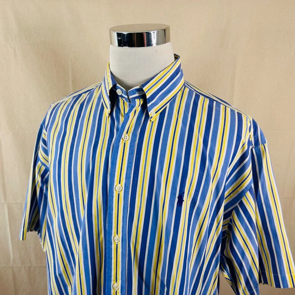 Polo Ralph Lauren XL Blake Button Down Shirt Blue Yellow Striped Short Sleeve